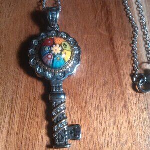 Multi Color Murano Glass and White Austrian Crystal Stainless Steel Key Necklace